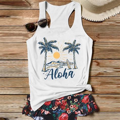 Aloha Shirt Summer Beach Tank Top Women Vacation White Top Casual