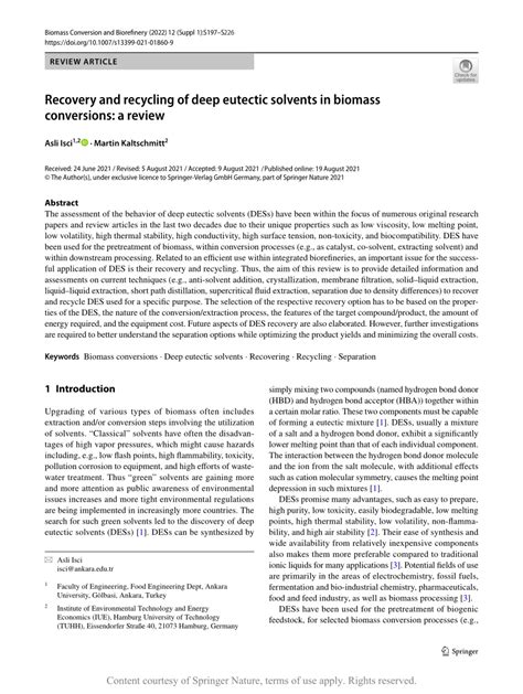 Recovery and recycling of deep eutectic solvents in biomass conversions ...