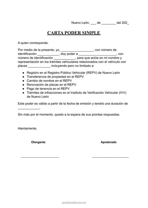 Carta Poder Simple Para Tr Mites Vehiculares Nuevo Le N