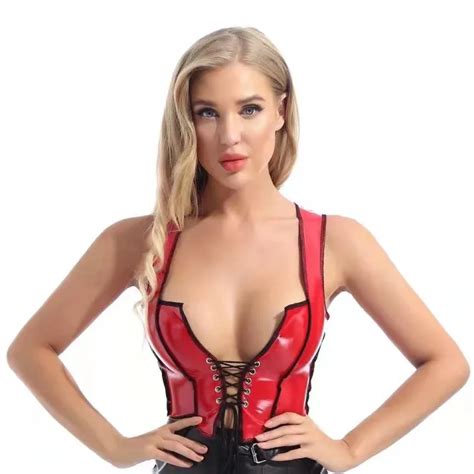 ผหญงเซกซเสอหนงสภาพสตรเสอกกหนง PVC เงา Women Sexy PVC Leather Deep U Vest For Sex