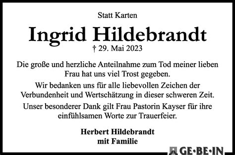 Traueranzeigen Von Ingrid Hildebrandt Trauer Gedenken