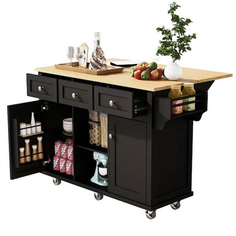 Black Solid Wood Desktop 53 In W Kitchen Island On 5 Wheels With