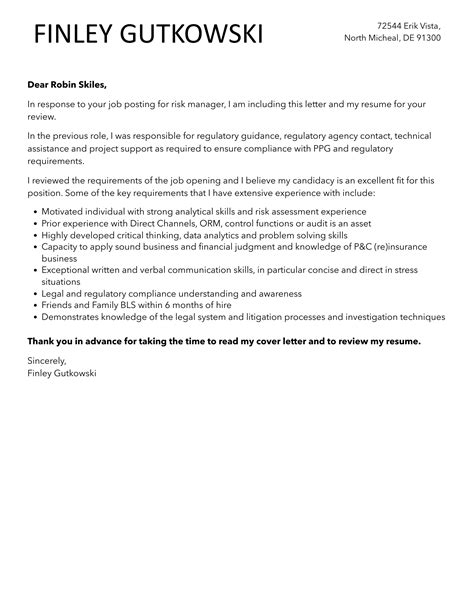 Cover Letter Examples For Risk Manager Journeyrilly