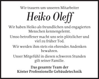 Traueranzeigen Von Heiko Oleff Sh Z Trauer