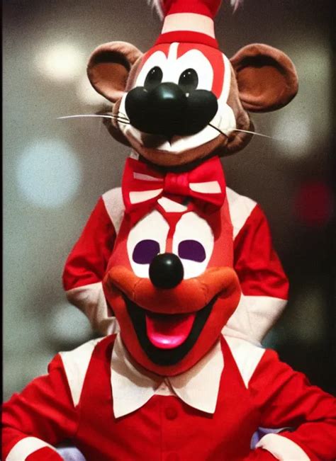 Chuck E Cheese Mascot Grainy 1980s Circus Portrait Stable Diffusion