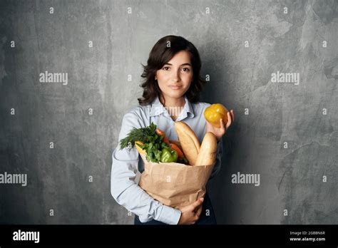 Brunette In Blue Shirt Food Package Healthy Food Isolated Background Stock Photo Alamy