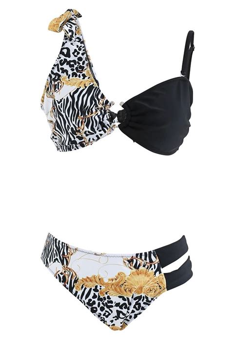 Conjunto De Bikini Empalmado Con Estampado De Leopardo Y Nudo Anudado