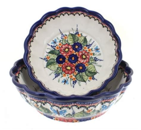 Blue Rose Polish Pottery Floral Butterfly Scallop Serving Bowl Set 1