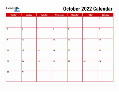 October 2022 Monthly Calendar (PDF, Word, Excel)