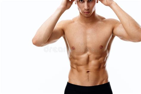 Nude Athlete With Pumped Muscles Bodybuilding Fitness And Hands Near Face Cropped View Stock