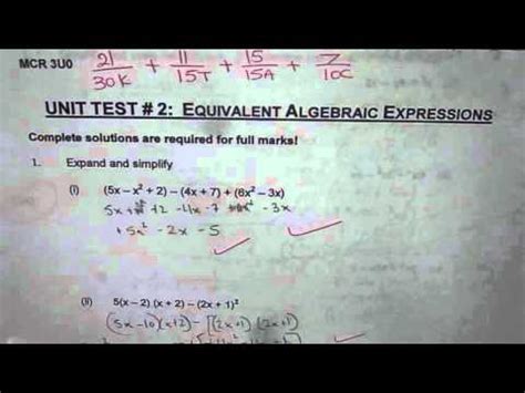 Unit Test Equivalent Algebraic Expressions Grade Mcr U Youtube