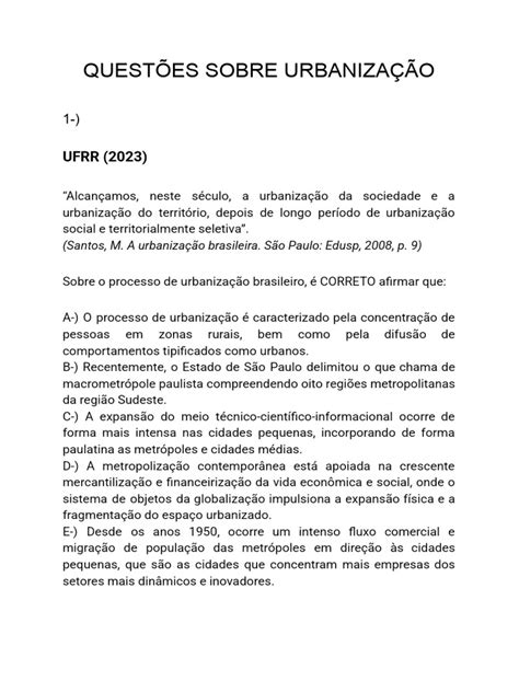 Questões Sobre Urbanização | PDF | Urbanização | Cidade
