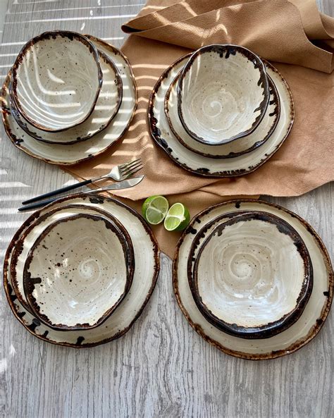 Rustic Dinnerware Set For 4 Person Stoneware T Set Dinner Etsy