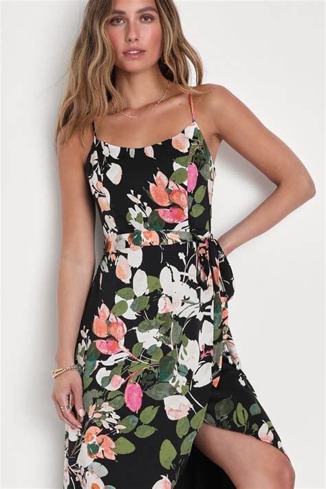 Black Floral Dress High Low Dress Black Faux Wrap Dress Lulus