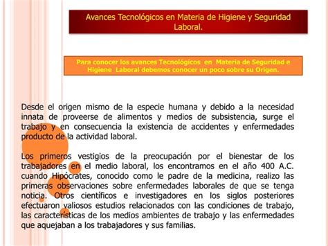 Avances Tecnologicos De La Higiene Y Seguridad Ppt