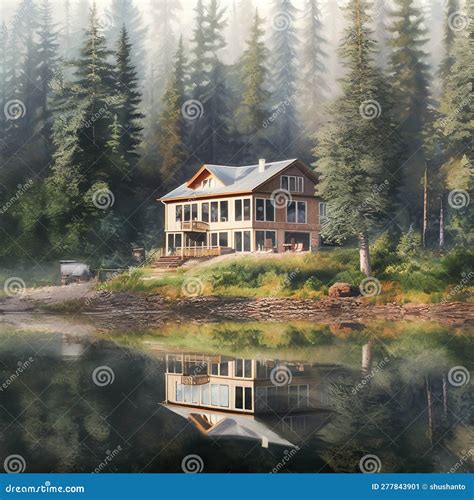 A Lonely House On The Shore Of A Lake In The Mountains Stock