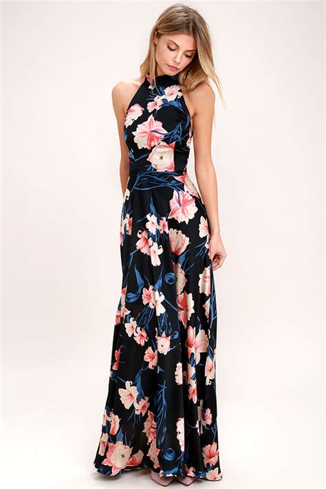 Lovely Black Floral Print Dress Print Maxi Dress Halter Maxi Dress