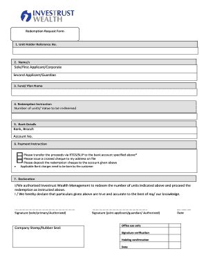 Fillable Online Redemption Request Form 1 Unit Holder Reference No Fax