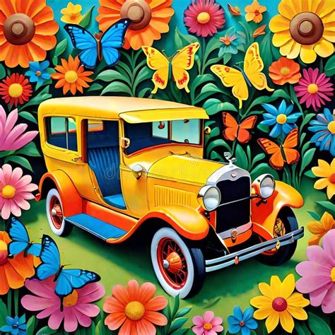 Vintage Hipster Car Classic Tour Floral Petal Nature Blossom Design