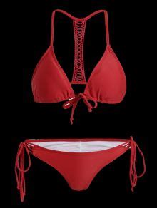 Off Solid Color String Spaghetti Straps Bikini Set In Red