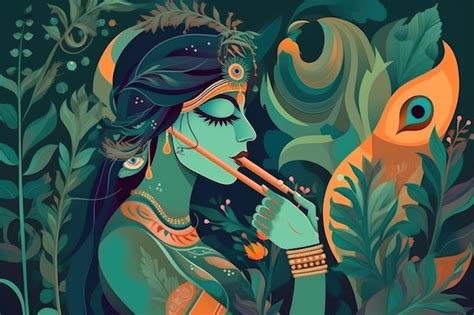 Premium AI Image Hindu God Krishna Playing Flute With Peacock