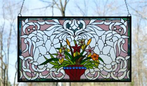 Handcrafted Jeweled Beveled Stained Glass Window Panel Flower L X