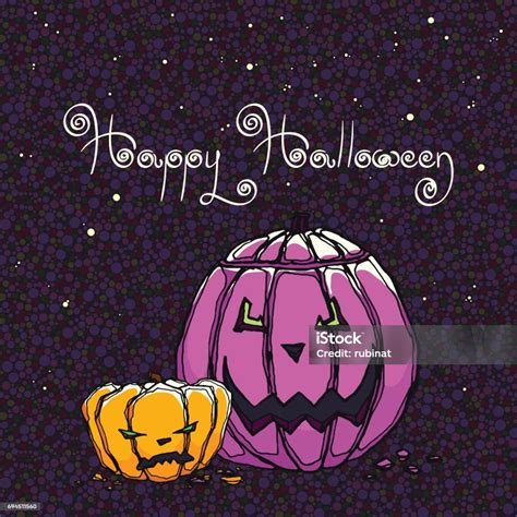 Hand Drawn Vector Halloween Cards With Jack Olantern Pumpkins Stock