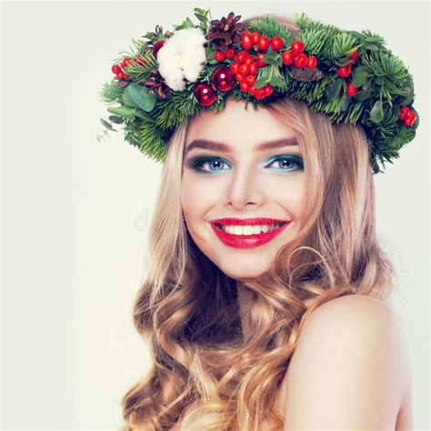 Christmas Beauty Happy Model Woman With Blonde Permed Hairstyle Stock Photo Image Of Beauty