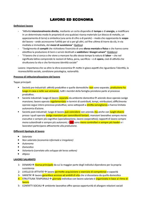 Lavoro ED Economia Appunti Presi A Lezione In Preparazione Dell Esame