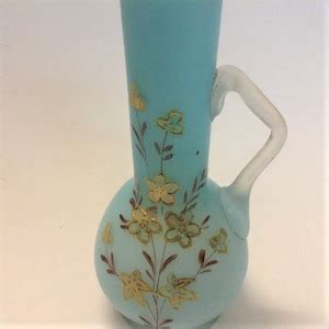 Vintage Blue Frosted Glass Vase Hand Painted With Clear Frosted Handle