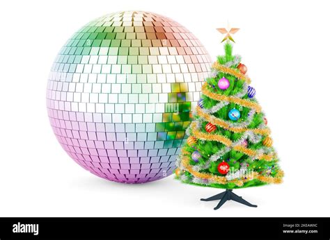 Mirror Disco Ball With Christmas Tree Christmas Party Concept 3d