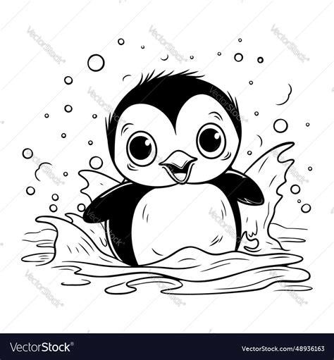 Cute Penguin Swimming In The Sea Black And White Vector Image