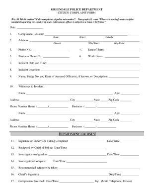 Fillable Online Greendale Police Citizen Complaint Form Fax Email