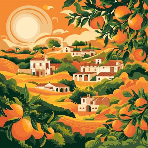 Paisaje Rural Con Aldeas Y Huerto Con Ramas De Naranja Vector Premium