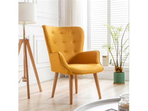 Scand Fauteuil Scandinave Tissu Curry Pieds Bois