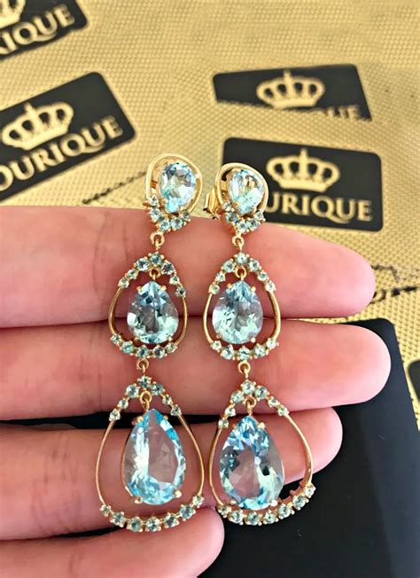 Par De Brincos De Ouro 18k 750 Topázio Azul Luxo Ourique Joalheria