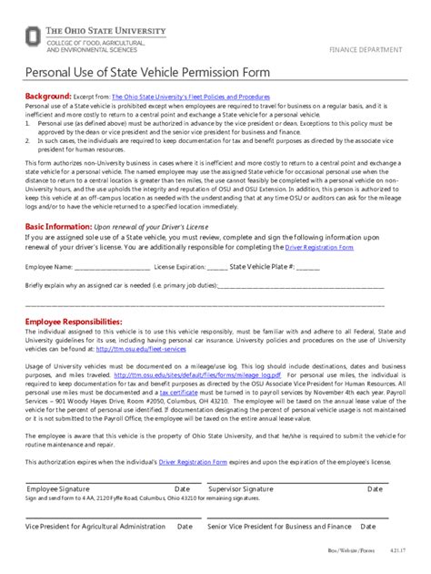 Fillable Online Cfaesfinance Osu Personal Use Of State Vehicles