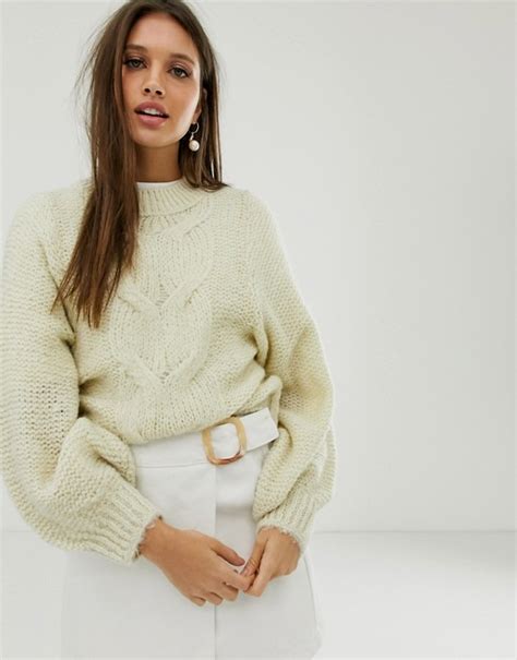 Asos Design Cable Sweater In Lofty Yarn With Volume Sleeve Asos