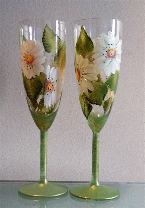 Hand Painted Flutes Daisy Flowers Set Of Elegant Champagne Etsy