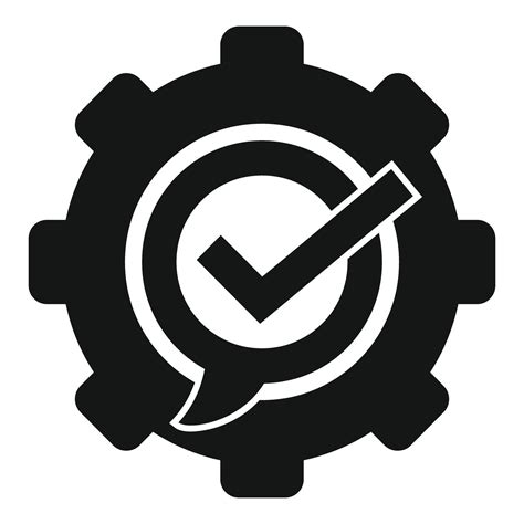 Black and white quality check icon with a check mark inside a gear
