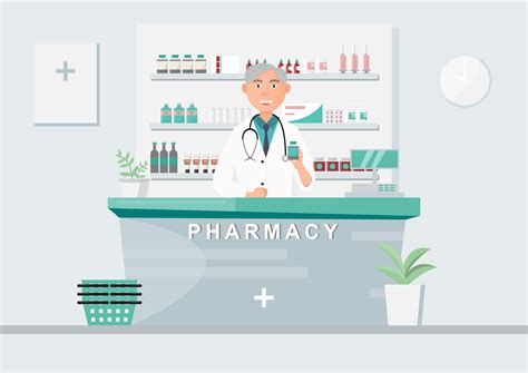 Pharmacy With Nurse In Counter Drugstore Cartoon Character Stock C05