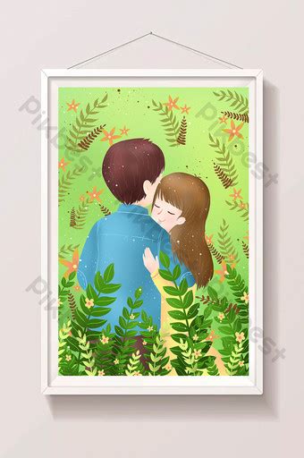 Blue Tanabata Valentines Day Couple Sweet Hug Illustration