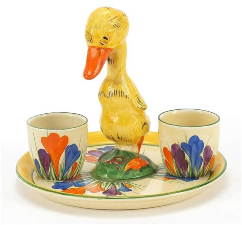 Clarice Cliff Art Deco Egg Cup Stand With Two Egg Cups Hand Painted In The Crocus Pattern