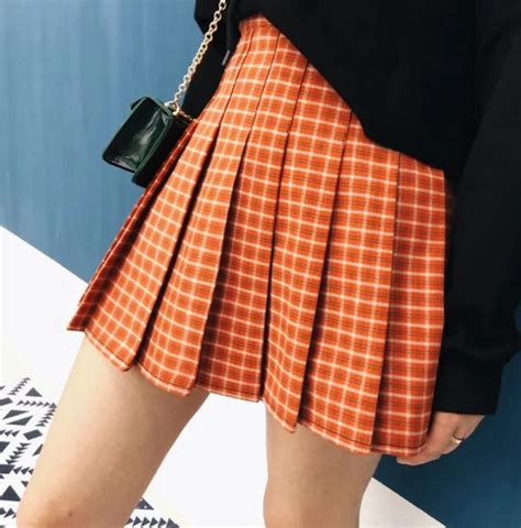 New Women Cute Sweet Style Big Size High Waisted Orange Red Chequered A