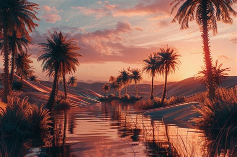 Premium Photo Surreal Desert Oasis With Palm Trees And Shimmerin