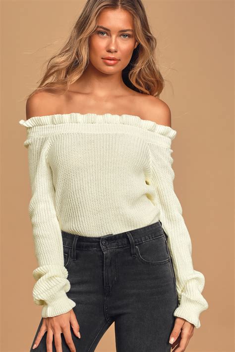 Cute White Sweater Off The Shoulder Sweater Ruffled Sweater Lulus