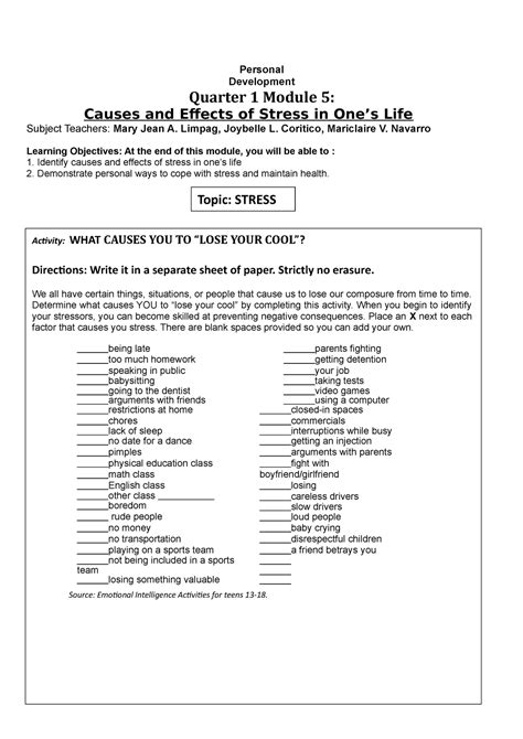 Module 5 Coping With Stress Personal Development Quarter 1 Module 5