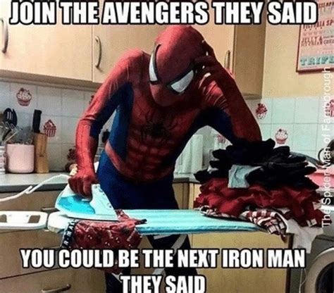 spiderman ironing clothes in the kitchen with caption that reads, join ...