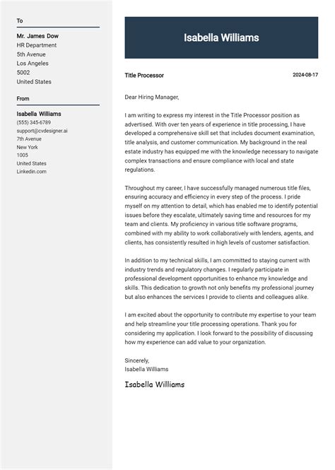 Title Processor Cover Letter Example For 2025 Free Templates Cvdesignerai