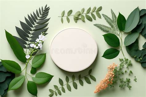 Modern Round White Podium With Organic Green Leaves On Backdrop